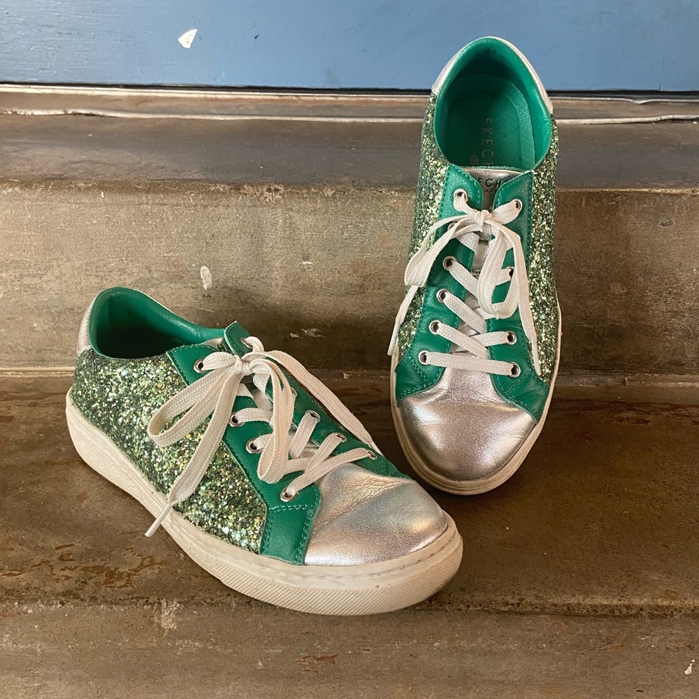 Skechers Goldie Green and Silver Glitter Sneakers